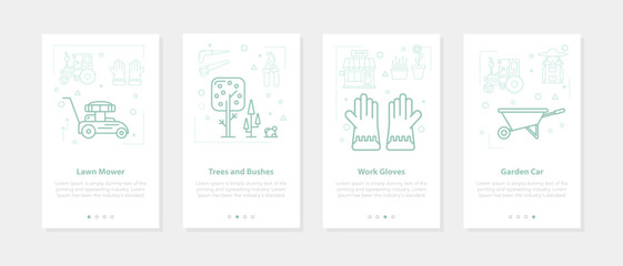 Four linear banners on white - home farmer, lawn mower, gloves, tree and bush