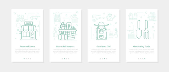 Four linear banners on white - girl farmer, shop, harvest, tools