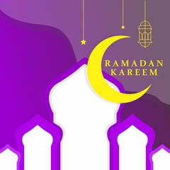 Ramadan Kareem greeting card. Violet paper cut clouds on night sky with crescent and stars. Window silhouette isolated on w arabian traditional lanterns. Vector illustration.