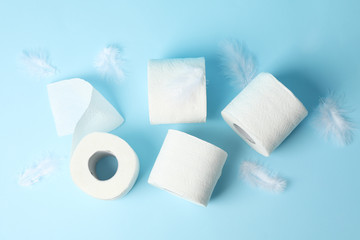 Toilet paper and feathers on blue background, top view