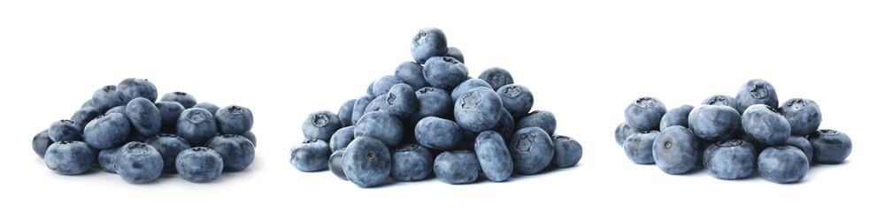 Set of tasty ripe blueberries on white background. Banner design