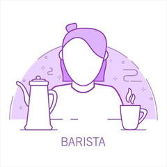 Girl barista outline cartoon character with a cappuccino and a paper cup of coffee.Hot drink. Line art  vector.