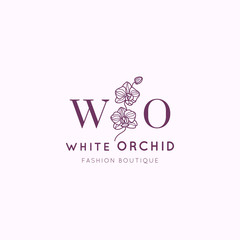 White Orchid logo design template in simple minimal linear style. Vector floral emblem and icon for Fashion Boutique.