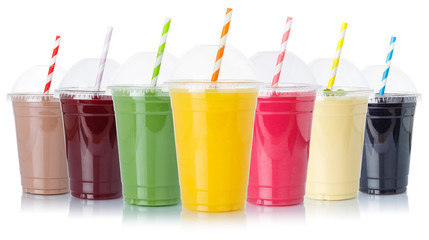 Juice collection of fruit smoothies fruits milkshake orange juices straw drinks in cups isolated on white
