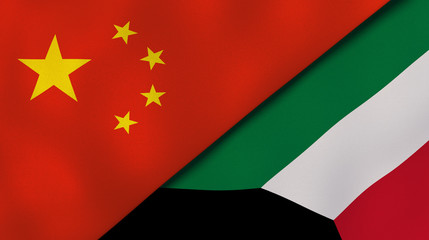 The flags of China and Kuwait. News, reportage, business background. 3d illustration