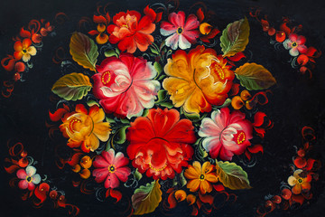 Zhostovo painting, old russian folk handicraft of painting on metal trays. Traditional bright colorful floral pattern on black background.