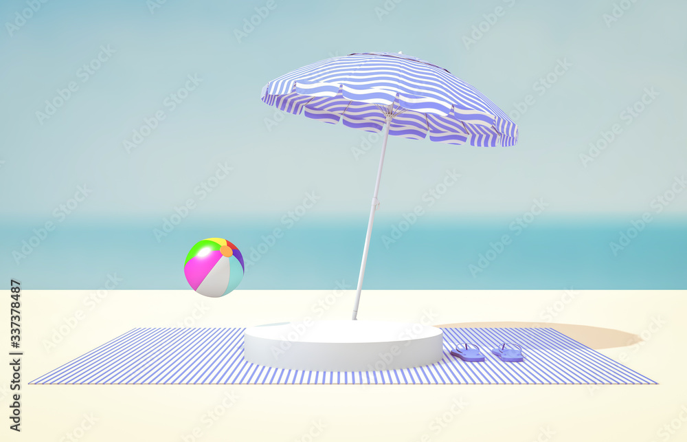 Poster natural summer beach backdrop with white cylinder box for product display. abstract 3d summer scene.