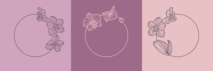 Set of orchid flower frames and monogram concept in minimal linear style. Vector floral logo © Sini4ka