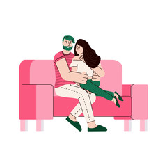 Happy cartoon couple hugging on a sofa - man and woman in hug