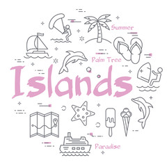Colorful icons in summer islands line banner