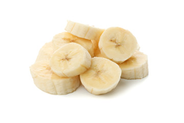 Fototapeta na wymiar Banana slices isolated on white background. Fresh fruit