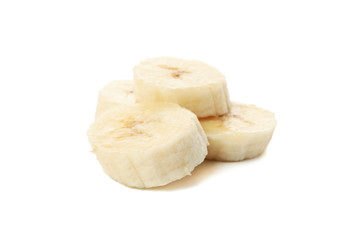 Banana slices isolated on white background. Fresh fruit