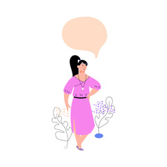 Fashion woman or girl with speech bubble, cartoon vector illustration isolated.