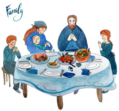Watercolor illustration "Family at the table praying"
