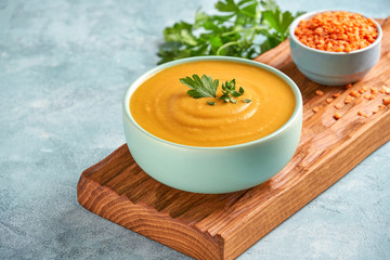 Red lentil soup Shorbat Adas . Traditional middle eastern ramadan food