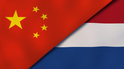 The flags of China and Netherlands. News, reportage, business background. 3d illustration