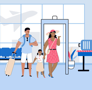 Travel with family with people in airport, sketch cartoon vector illustration.