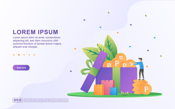 Vector Illustration of Collect point concept. Men are collecting points for online stores to be exchanged for shopping vouchers