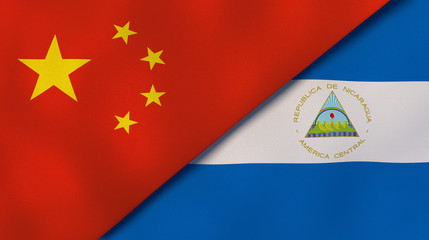 The flags of China and Nicaragua. News, reportage, business background. 3d illustration
