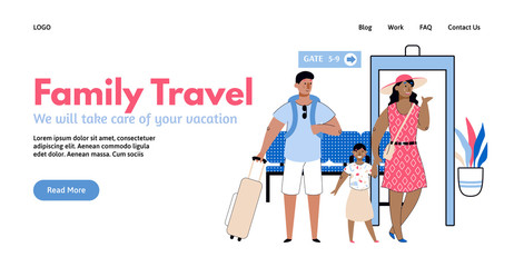 Family travel banner - tourists traveling with kids cartoon vector illustration.
