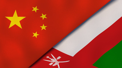 The flags of China and Oman. News, reportage, business background. 3d illustration