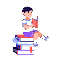 Happy cartoon boy reading a book sitting on tall stack of books
