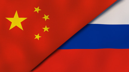 The flags of China and Russia. News, reportage, business background. 3d illustration
