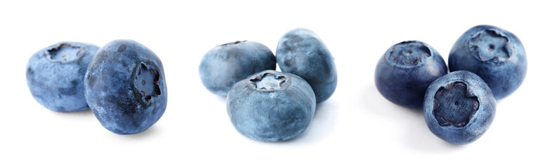 Set of tasty ripe blueberries on white background. Banner design