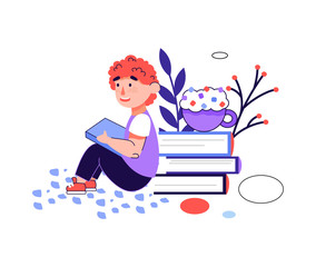 Child reading leaning on stack of books, cartoon vector illustration isolated.