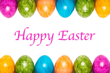 Two borders of easter eggs in different colors with text Happy Easter on white background