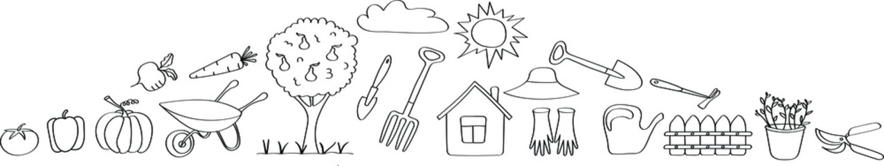 Garden symbols for website design in doodle style. The art line for children's coloring is drawn from black outlines.