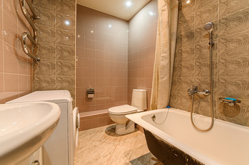 Russia, Moscow- December 05, 2019: interior room apartment modern bright cozy atmosphere. general cleaning, home decoration, bathroom, sink, decoration elements, toilet