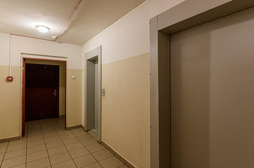 Russia, Moscow- December 05, 2019: interior room public place, house entrance. doors, walls, corridors staircase