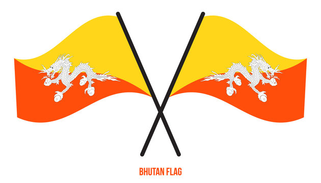 Two Crossed Waving Bhutan Flag On Isolated White Background. Bhutan Flag Vector Illustration