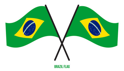 Two Crossed Waving Brazil Flag On Isolated White Background. Brazil Flag Vector Illustration