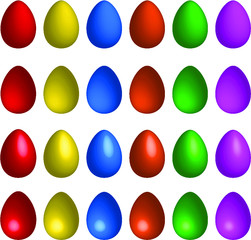 Colorful Easter eggs illustrations, isolated on white (vector). Red, yellow, blue, orange, green, violet eggs with 3D effect.