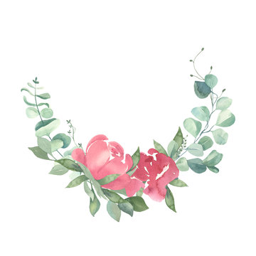 Watercolor hand painted leaves frame.Watercolor floral illustration with branches -  for wedding invite, stationary, greetings, wallpapers, background.