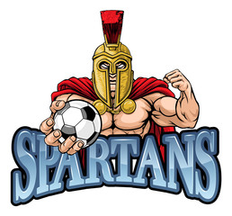 A Spartan or Trojan warrior Soccer Football sports mascot holding a ball