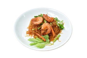 baked glass noodles with slice carrot and celery topping shrimp on plate