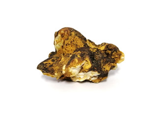 Ferricrete conglomerate stone on white background. There is noise and grain caused by the texture of stone. Iron ore on conglomerate stone.