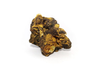 Ferricrete conglomerate stone on white background. There is noise and grain caused by the texture of stone. Iron ore on conglomerate stone.