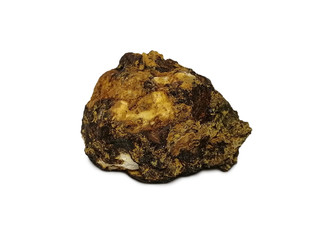 Iron ore on conglomerate stone, on a white background. There is noise and grain caused by the texture of stone.