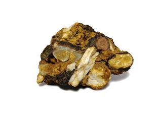 Ferricrete conglomerate stone on white background. There is noise and grain caused by the texture of stone. Iron ore on conglomerate stone.