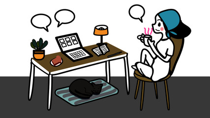 happy international women's day woman is having breakfast and doing conference on laptop illustration