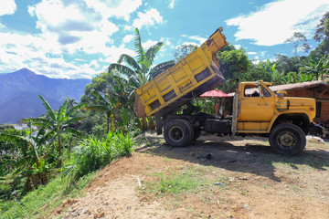 yellow dump truck next to green banana trees with mountains and blue sky background