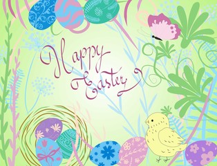 Happy easter. Congratulatory easter background. Easter eggs, flowers, chicken. Vector illustration