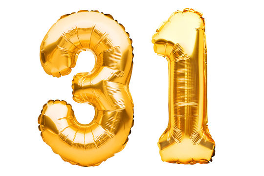 Number 31 thirty one made of golden inflatable balloons isolated on white. Helium balloons, gold foil numbers. Party decoration, anniversary sign for holidays, celebration, birthday, carnival