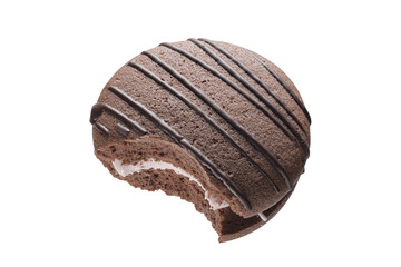 Chocolate biscuit stuffed with cookies. Bitten off. Isolated on a white background. Full depth of field. Cutted with a pen tool.