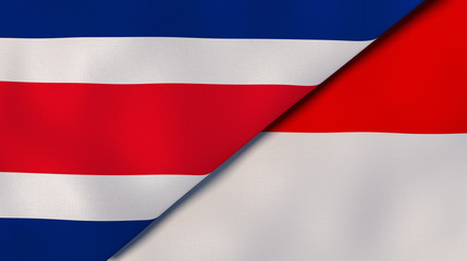 The flags of Costa Rica and Indonesia. News, reportage, business background. 3d illustration