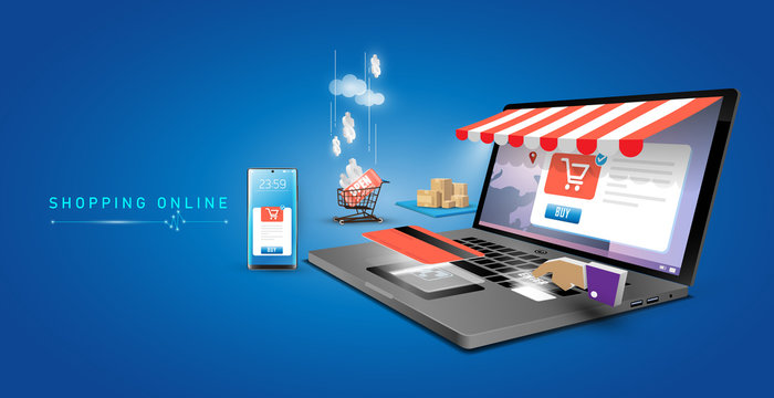 Shopping Online on Computer laptop Mobile Application Vector. Concept Marketing and Digital marketing